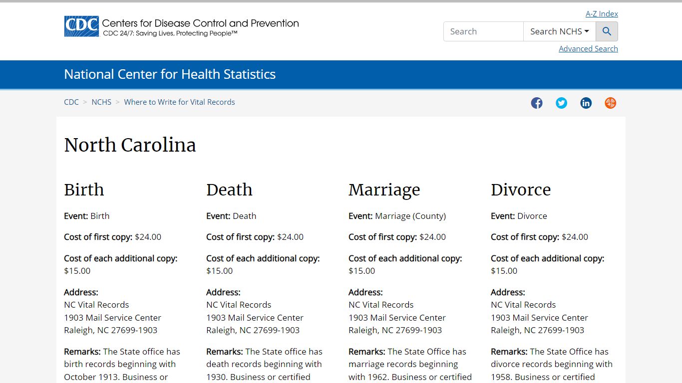 Where to Write for Vital Records - North Carolina - Centers for Disease ...